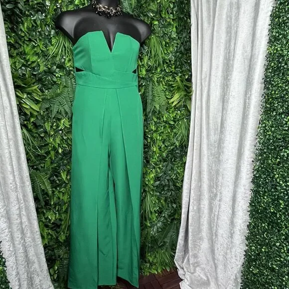 LUXXEL Jumpsuit Women Large Green Pants Pleated Strapless Split Leg Cut Out 2345 - Picture 3 of 10